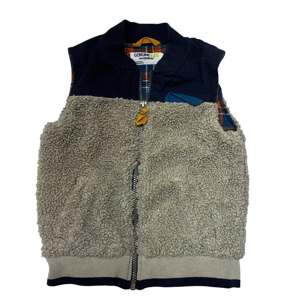 OshKosh B'gosh Vest Toddler 4T Khaki/Navy Sherpa Fleece Colorblock Plaid Lined